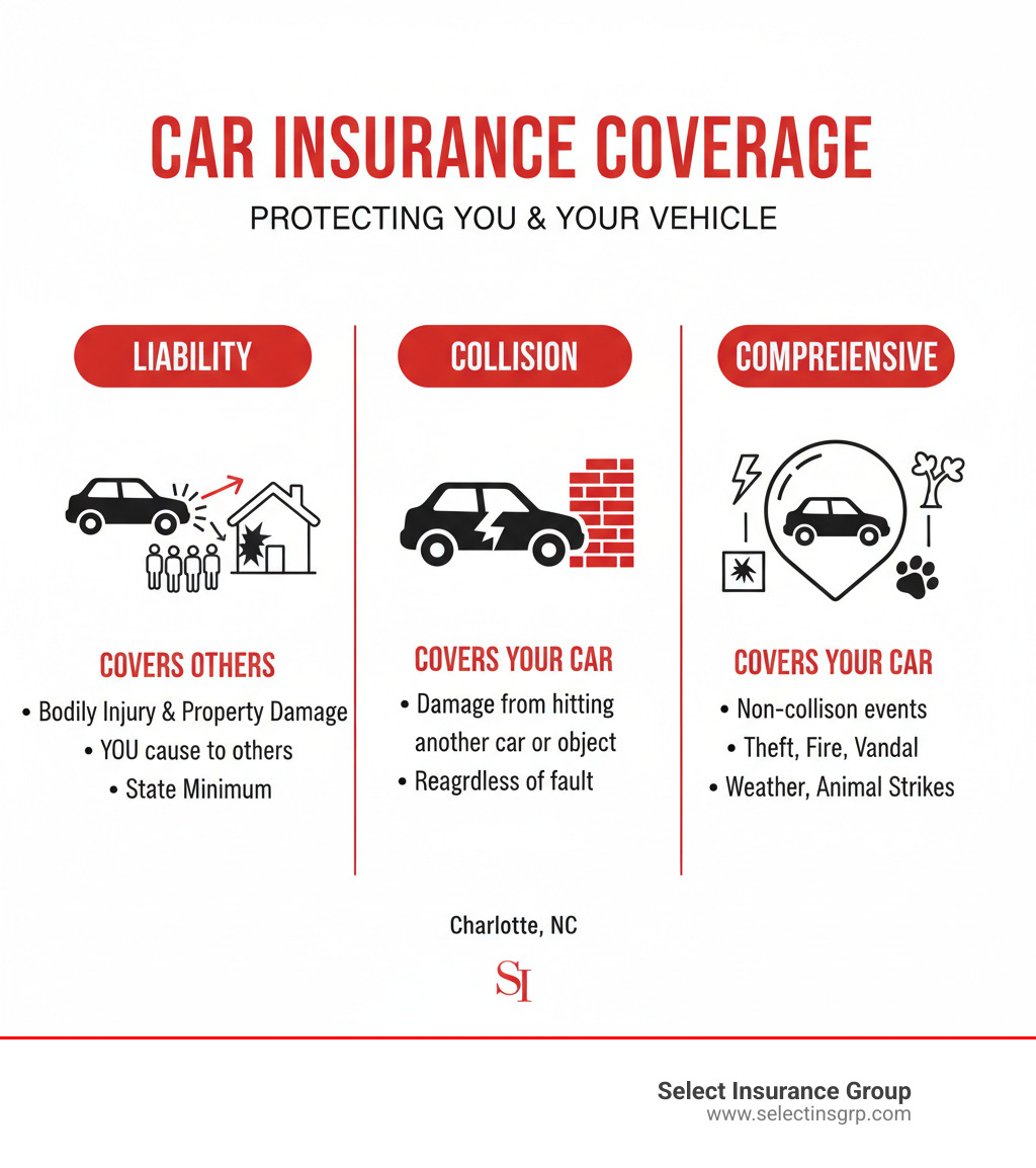Infographic visually breaking down the difference between Liability, Collision, and Comprehensive coverage - Car insurance Charlotte NC infographic