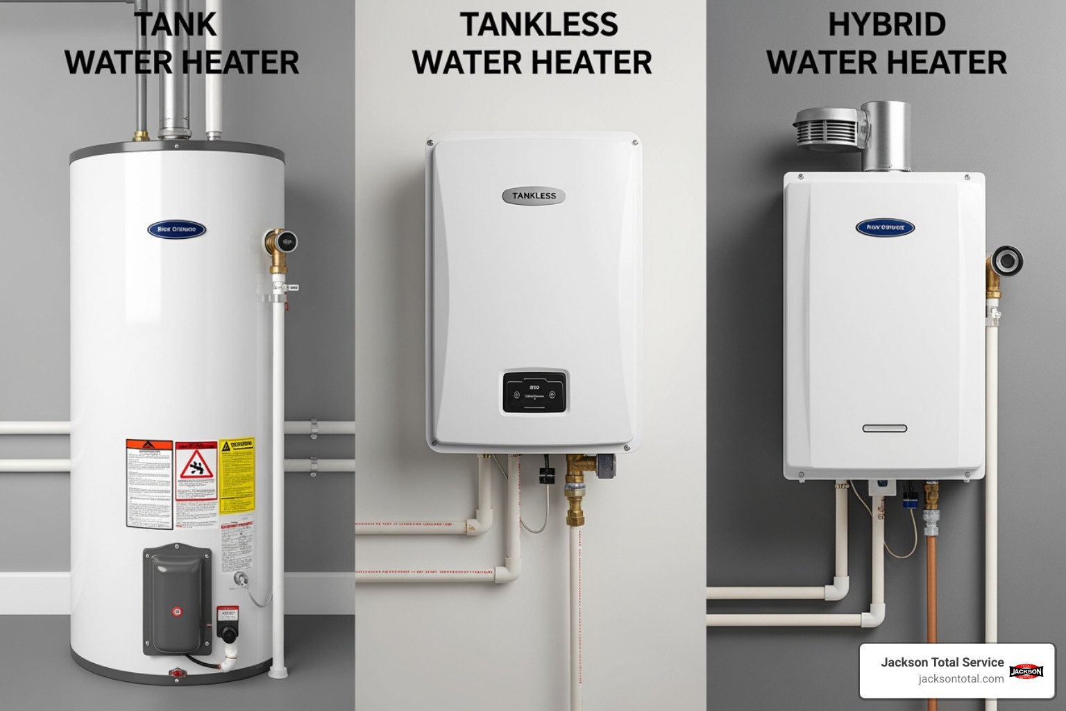 Image showing a tank, tankless, and hybrid water heater side-by-side - water heater repair north naples fl Image showing a tank, tankless, and hybrid water heater side-by-side - water heater repair north naples fl
