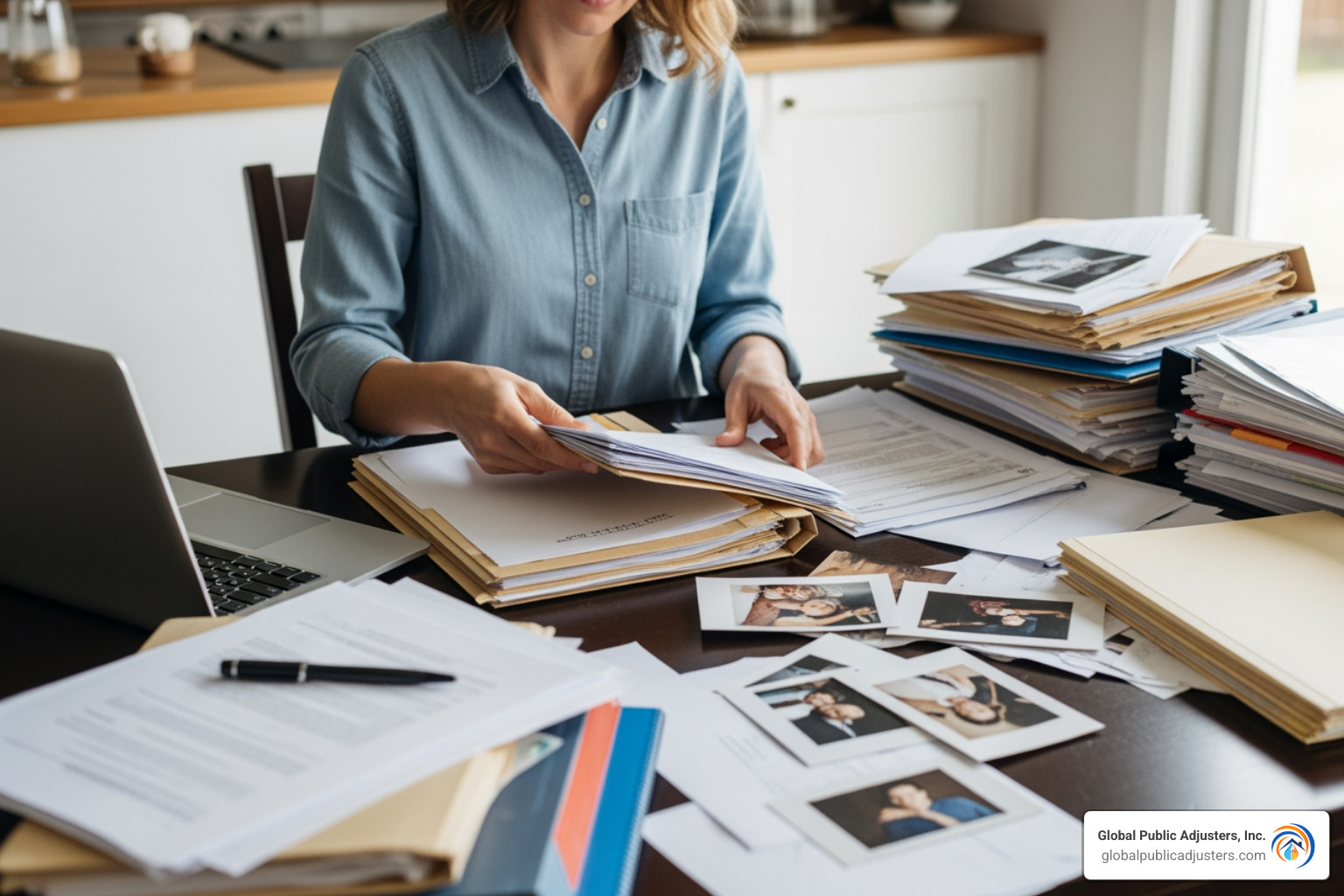 homeowner organizing documents and photos - hurricane claim adjuster