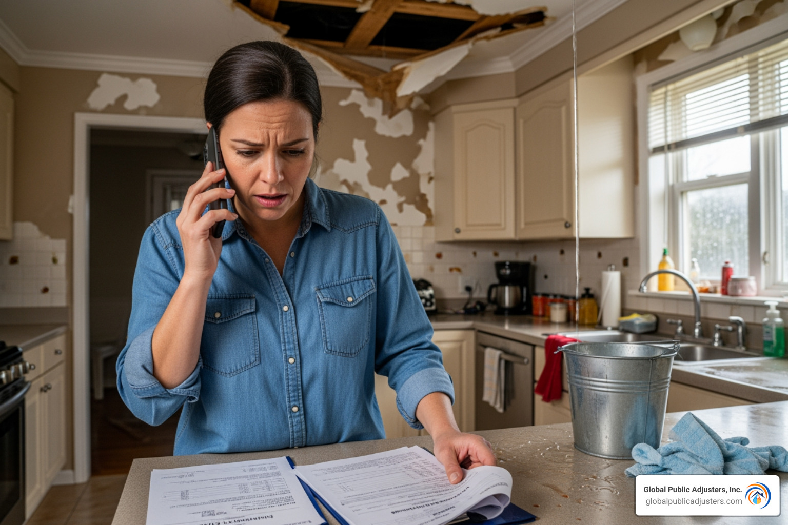 frustrated homeowner on phone - hurricane claim adjuster