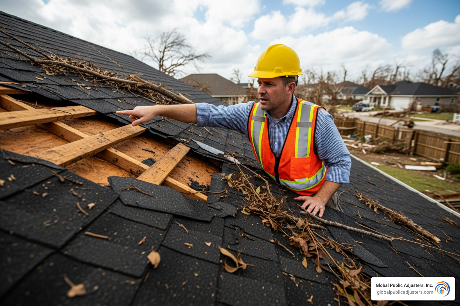 adjuster inspecting damaged roof - hurricane claim adjuster