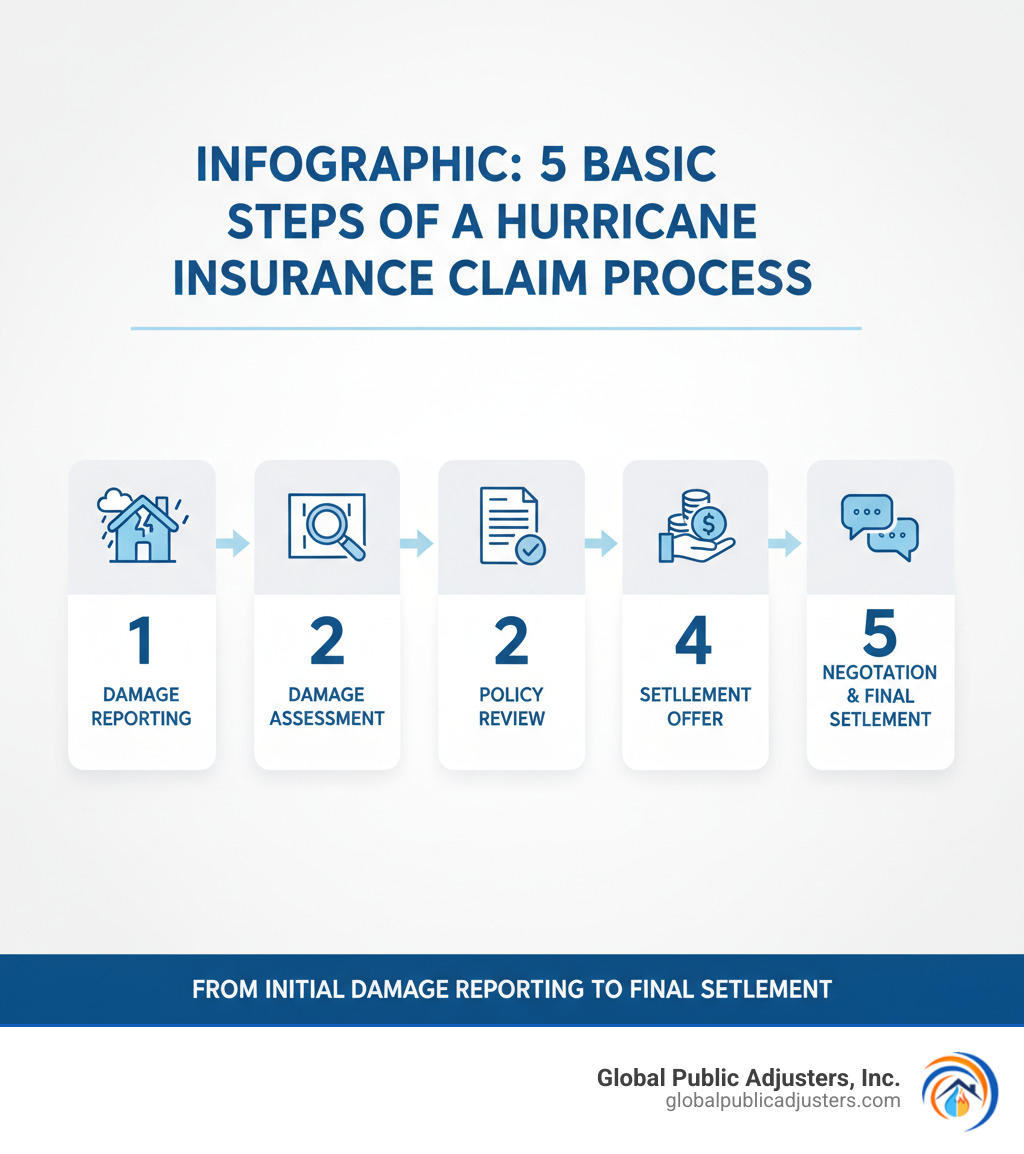 Infographic: 5 Basic Steps of a Hurricane Insurance Claim Process - from initial damage reporting to final settlement, highlighting damage assessment, policy review, settlement offer, and negotiation - hurricane claim adjuster infographic 