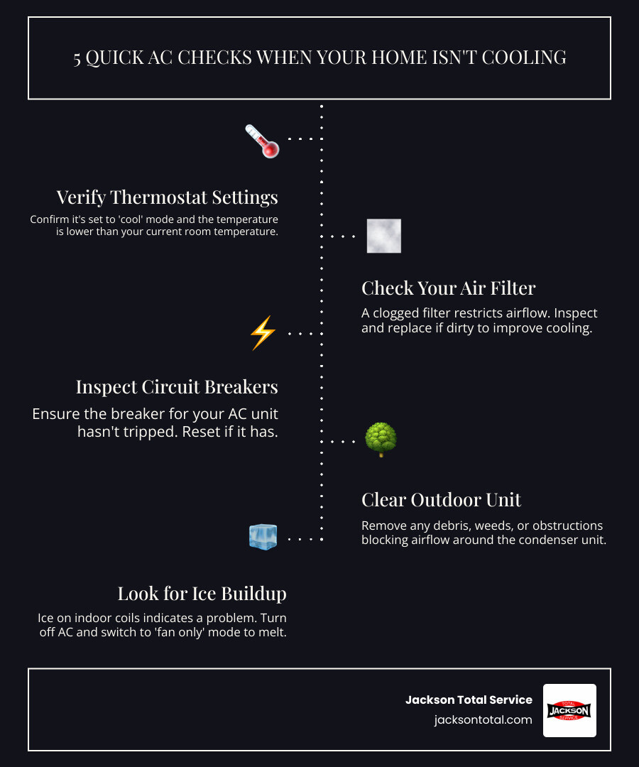 Infographic explaining 5 quick AC checks for homeowners - ac not cooling near cape coral fl infographic infographic-line-5-steps-dark