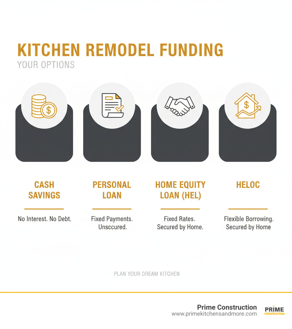 Infographic showing main ways to pay for a kitchen remodel: cash (no interest), personal loans (fixed payments, unsecured), home equity loans (fixed rates, secured by home), and HELOCs (flexible borrowing, secured by home). - how to pay for kitchen remodel infographic 