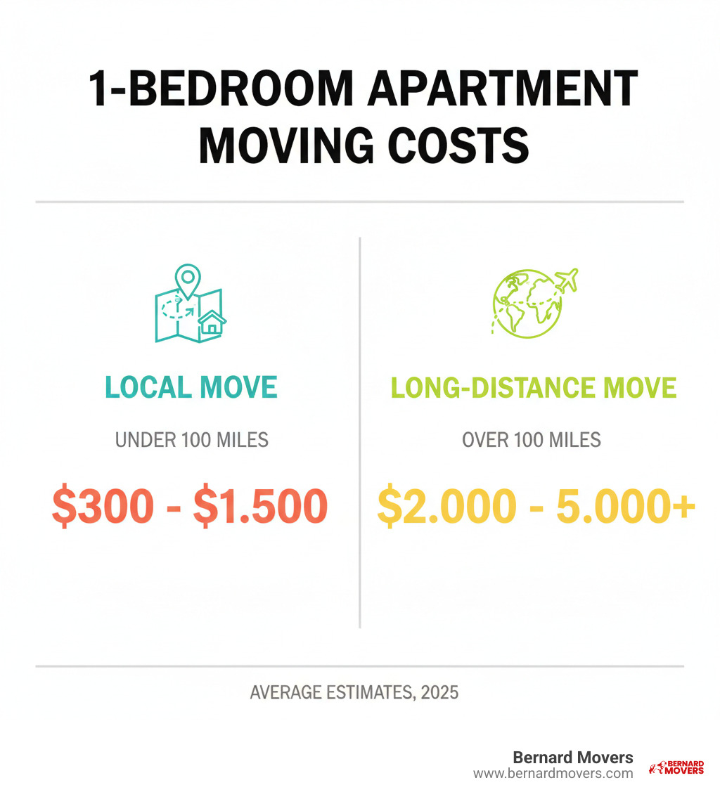 Infographic showing average moving costs for a 1-bedroom apartment, categorizing by local (under 100 miles) $300-$1,500 and long-distance (over 100 miles) $2,000-$5,000+, with small icons representing a local map and a cross-country map - moving estimate for 1 bedroom apartment infographic 