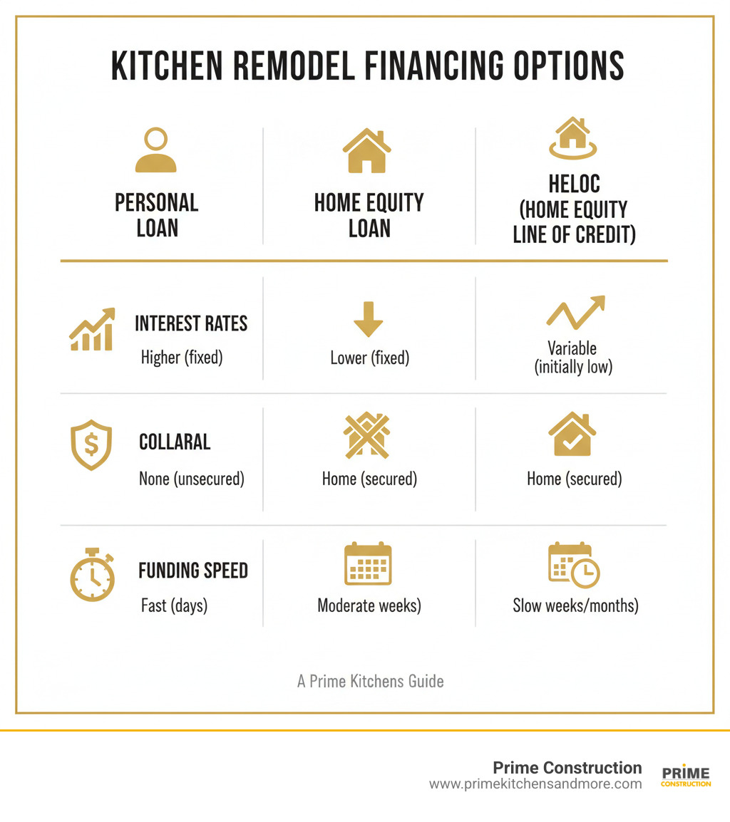 Table comparing Personal Loans, Home Equity Loans, and HELOCs on key features like interest rates, collateral, and funding speed - how to pay for kitchen remodel infographic 