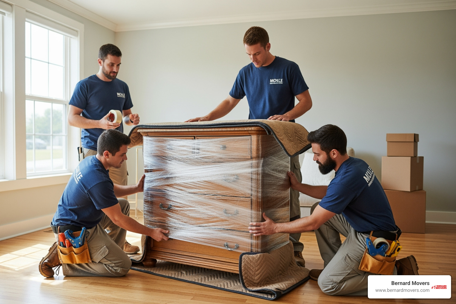 professional movers carefully wrapping a piece of furniture - moving estimate for 1 bedroom apartment