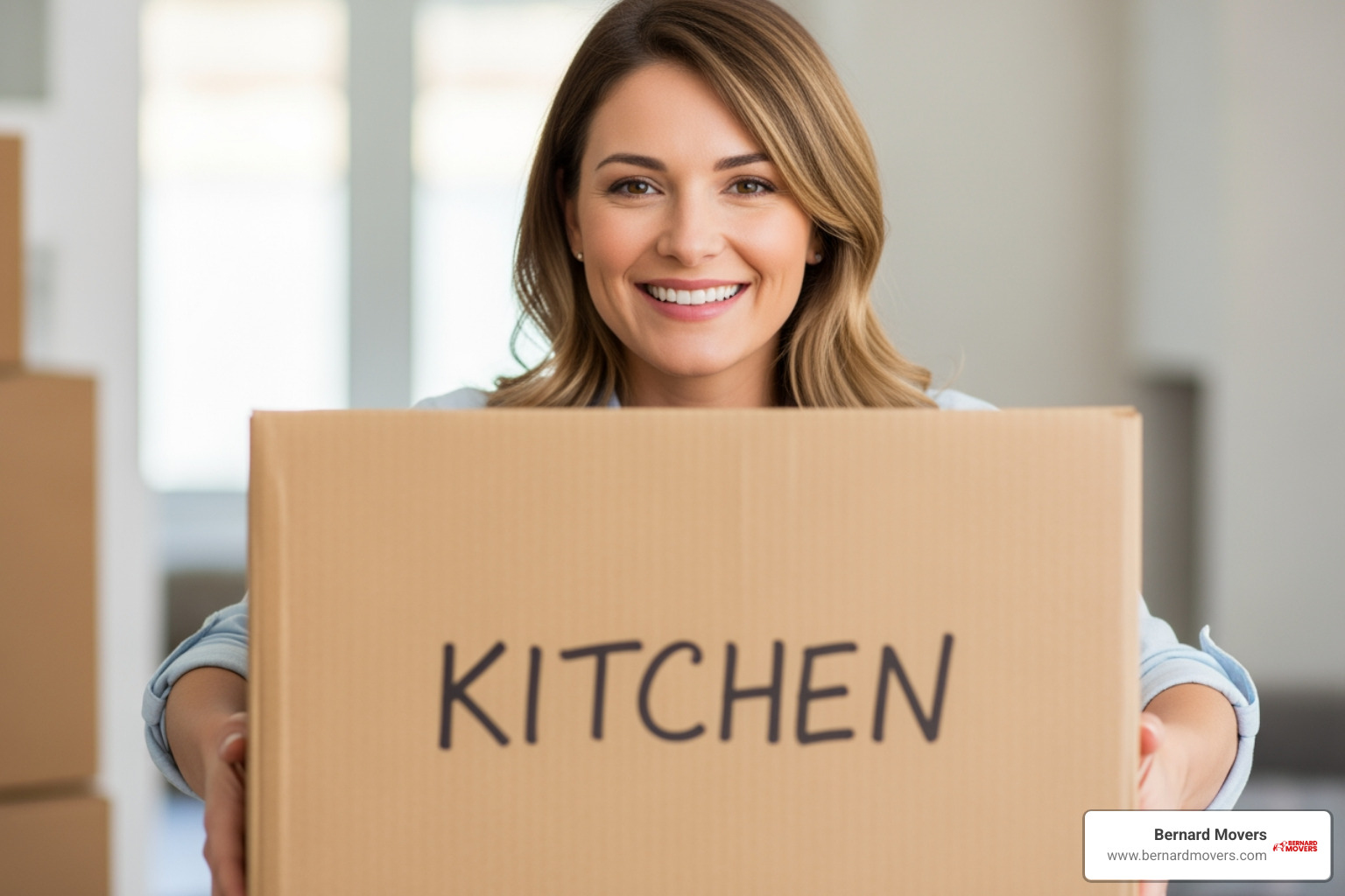 Woman smiling while holding a moving box - moving estimate for 1 bedroom apartment