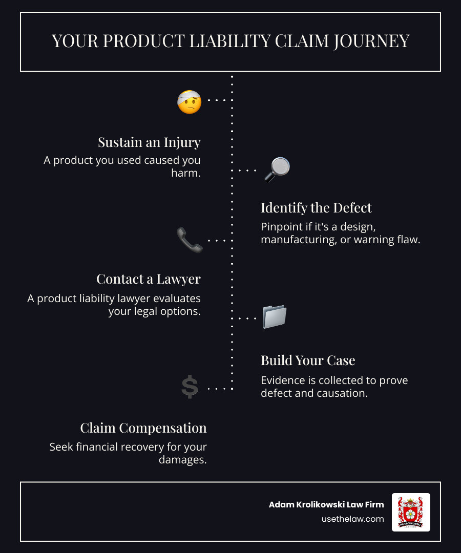 Infographic explaining the path from a defective product injury to a legal claim - product liability lawyer infographic infographic-line-5-steps-dark Infographic explaining the path from a defective product injury to a legal claim - product liability lawyer infographic infographic-line-5-steps-dark