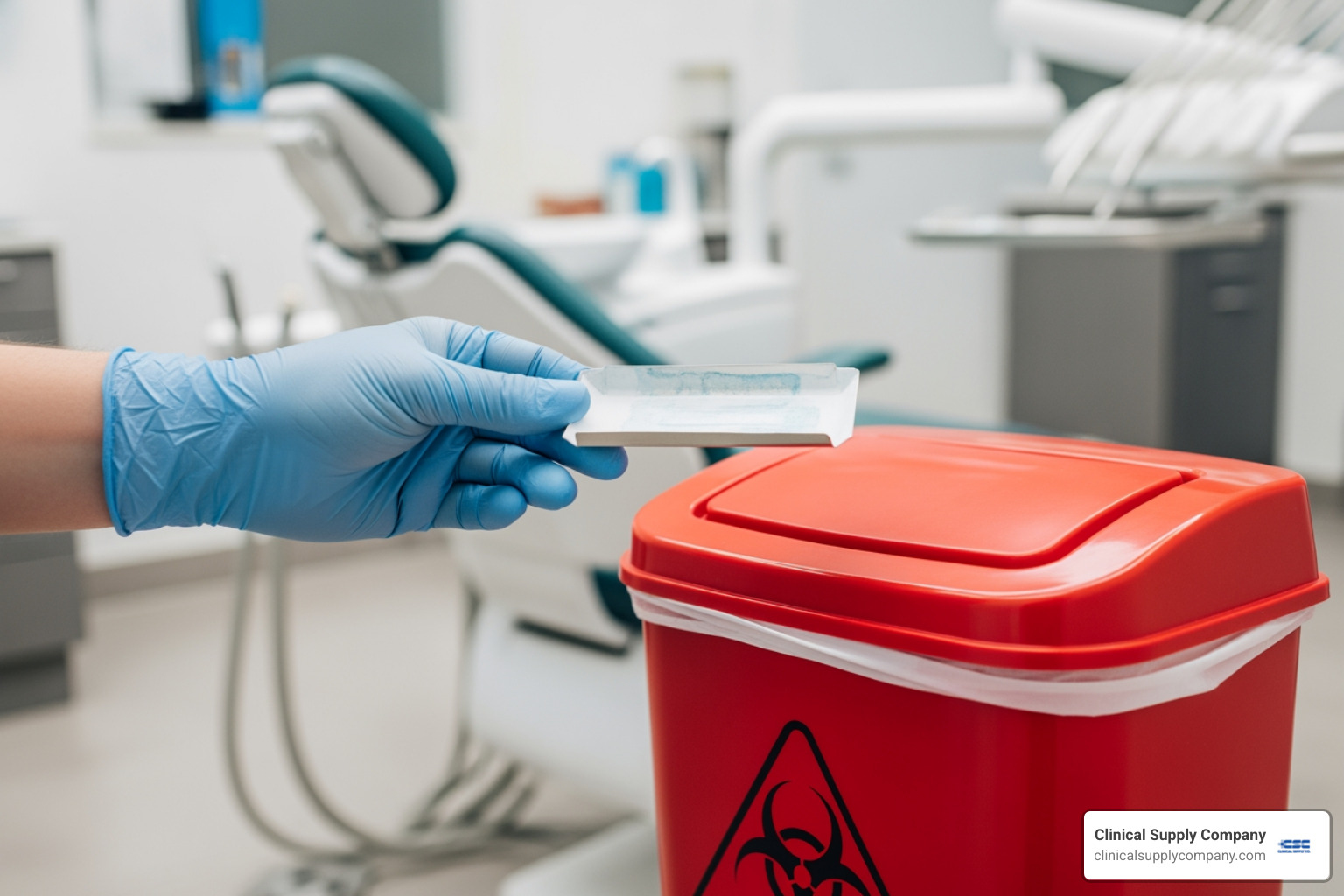 proper disposal of a used tray cover into a biohazard bin - tray covers dental
