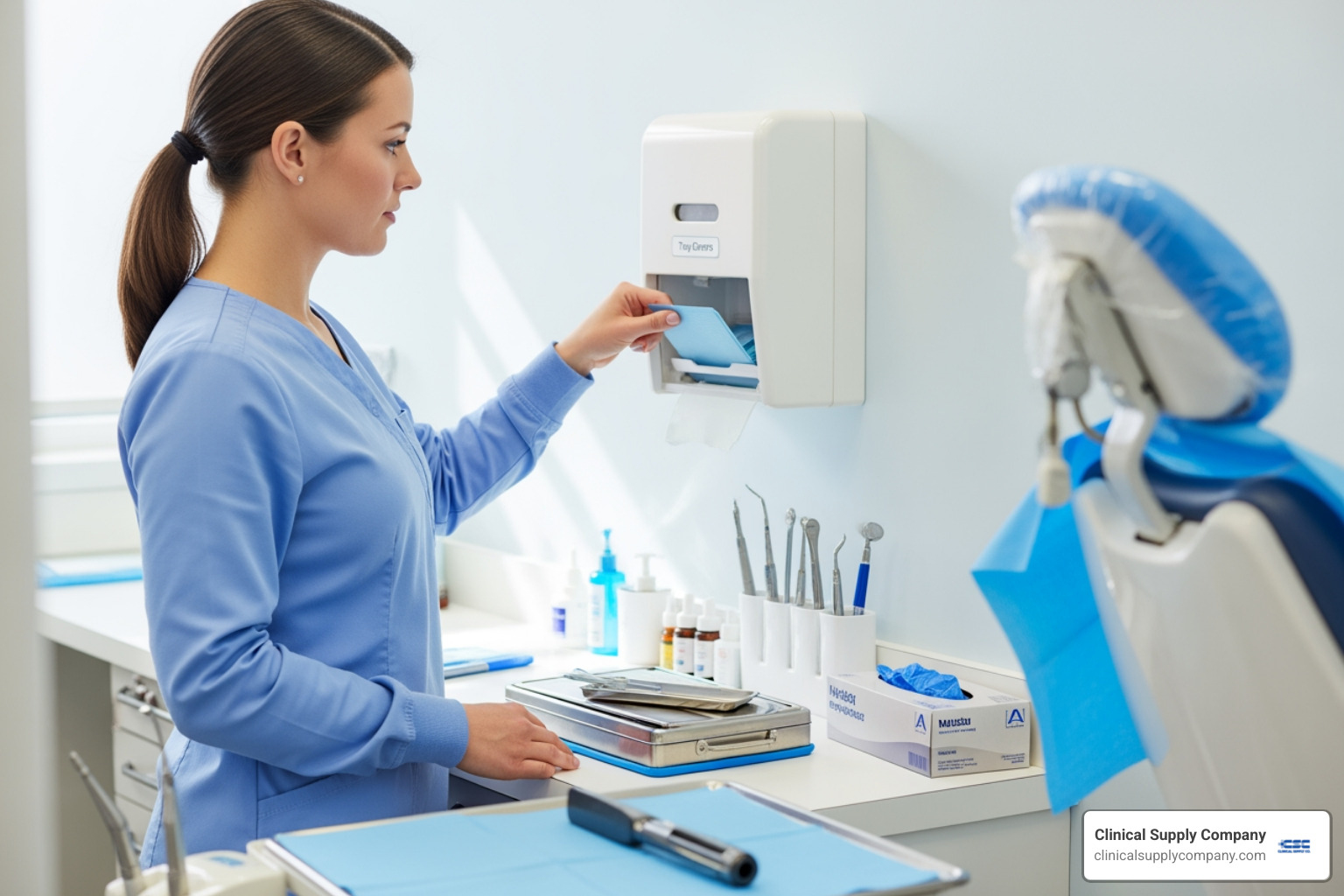 dental assistant selecting a tray cover from a dispenser - tray covers dental