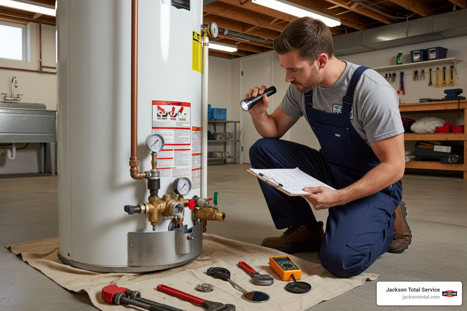 plumber performing a routine inspection on a water heater - best plumbing repair bonita springs fl