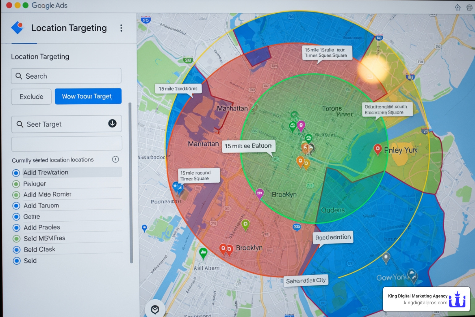 Google Ads interface showing location targeting options - key features of place-based advertising for multi-location businesses