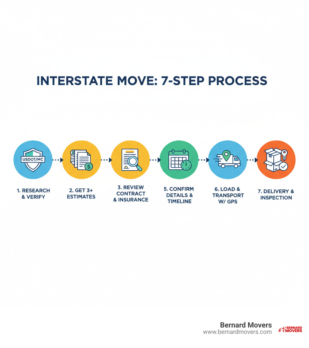 infographic showing the step-by-step process of an interstate move: 1. Research and verify licensed movers (USDOT/MC numbers), 2. Get binding estimates from 3+ companies, 3. Review contract and insurance options, 4. Prepare inventory and pack belongings, 5. Confirm move details and timeline, 6. Load and transport with GPS tracking, 7. Deliver and inspect items at destination - moving companies across state lines infographic 