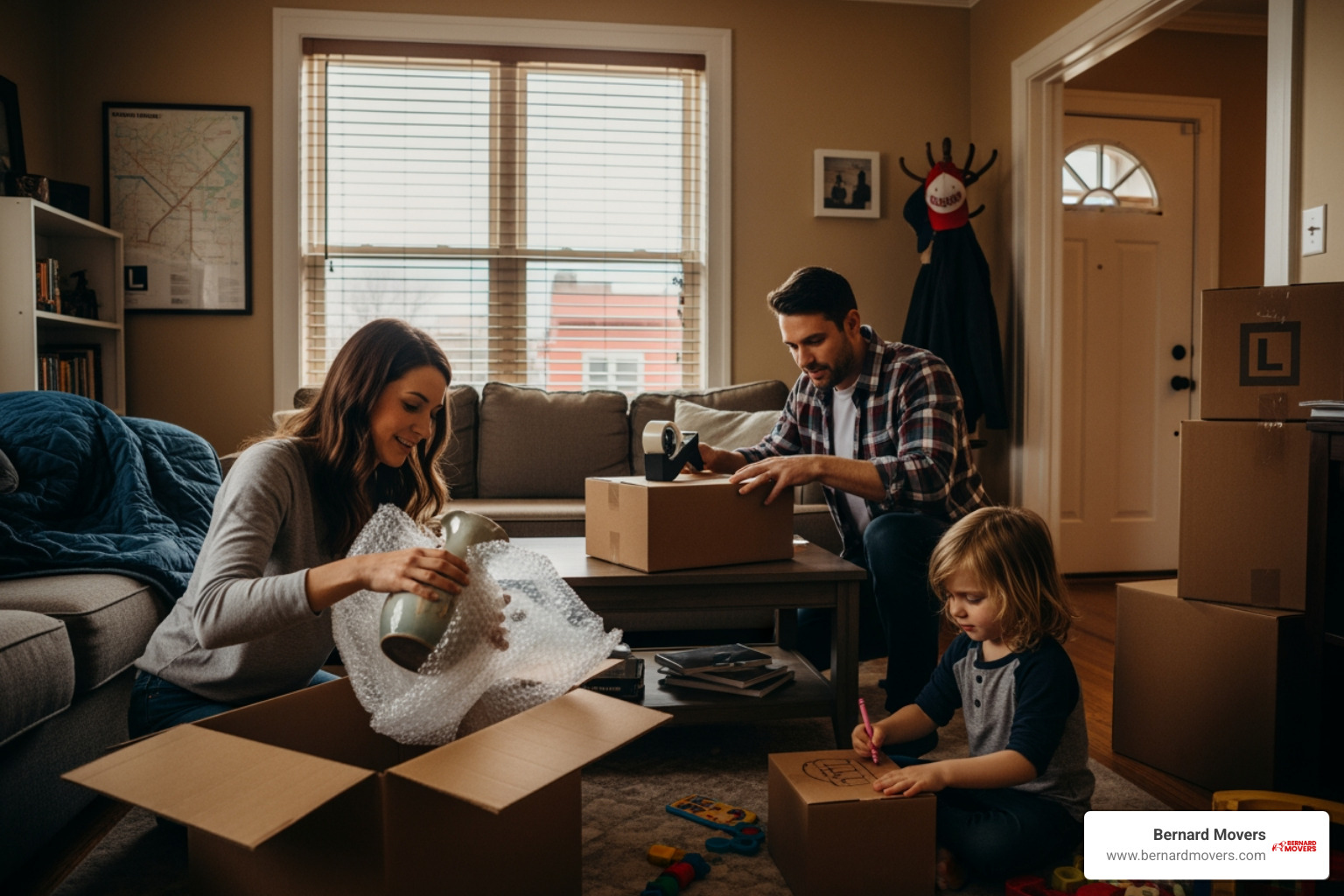 family packing boxes in a Chicago-area home - moving companies across state lines