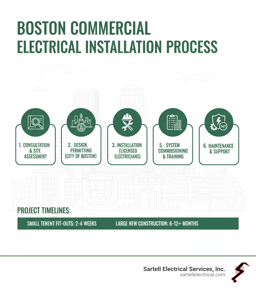 Infographic showing the typical commercial electrical installation process in Boston: 1) Initial Consultation & Site Assessment, 2) Design-Build Services & Permitting with City of Boston, 3) Installation by Licensed Master Electricians, 4) Inspection & Code Compliance Verification, 5) System Commissioning & Training, 6) Ongoing Maintenance & 24/7 Emergency Support. Includes average project timelines ranging from 2-4 weeks for small tenant fit-outs to 6-12+ months for large new construction projects. - Commercial electrical installation Boston infographic 