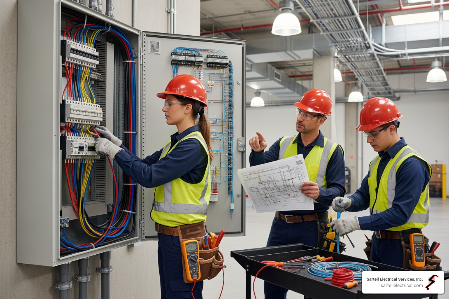 A team of electricians installing a commercial electrical panel, ensuring all connections are secure and up to code. - Commercial electrical installation Boston