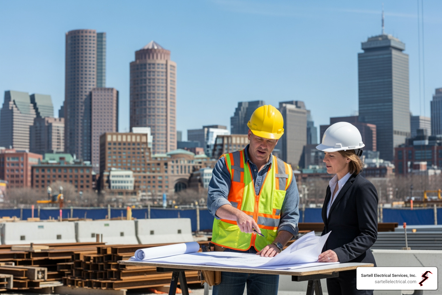 An electrician reviewing blueprints on a construction site in Boston, with the city skyline in the background, discussing the project with a client. - Commercial electrical installation Boston