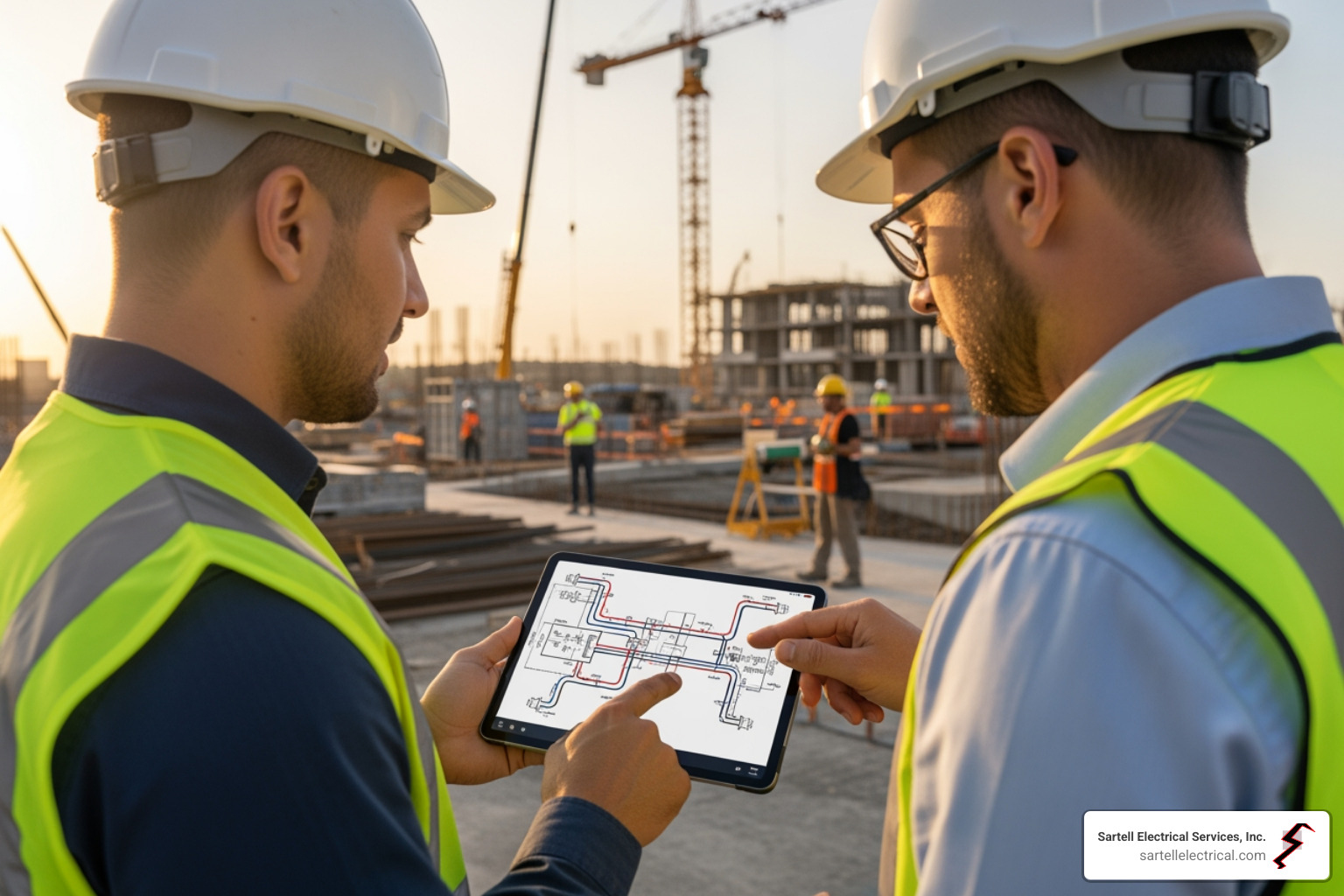 A project manager and a client reviewing electrical plans on a tablet at a construction site, emphasizing collaboration and planning. - Commercial electrical installation Boston