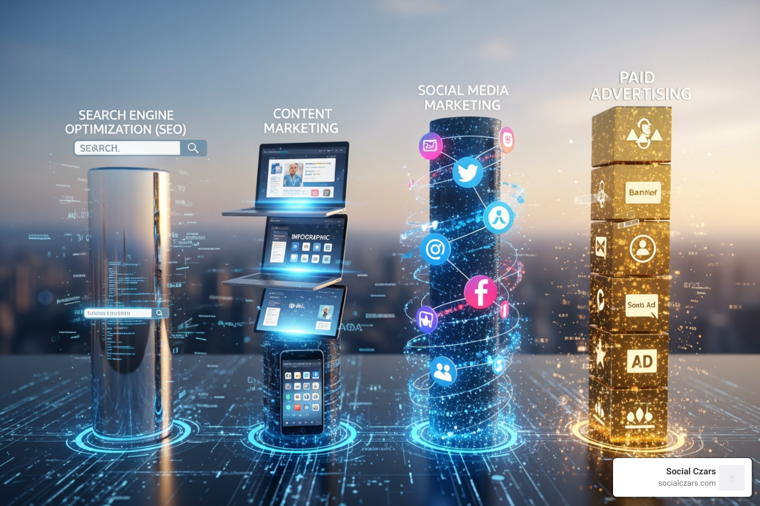 digital marketing pillars: SEO, content, social, paid ads - physician online marketing