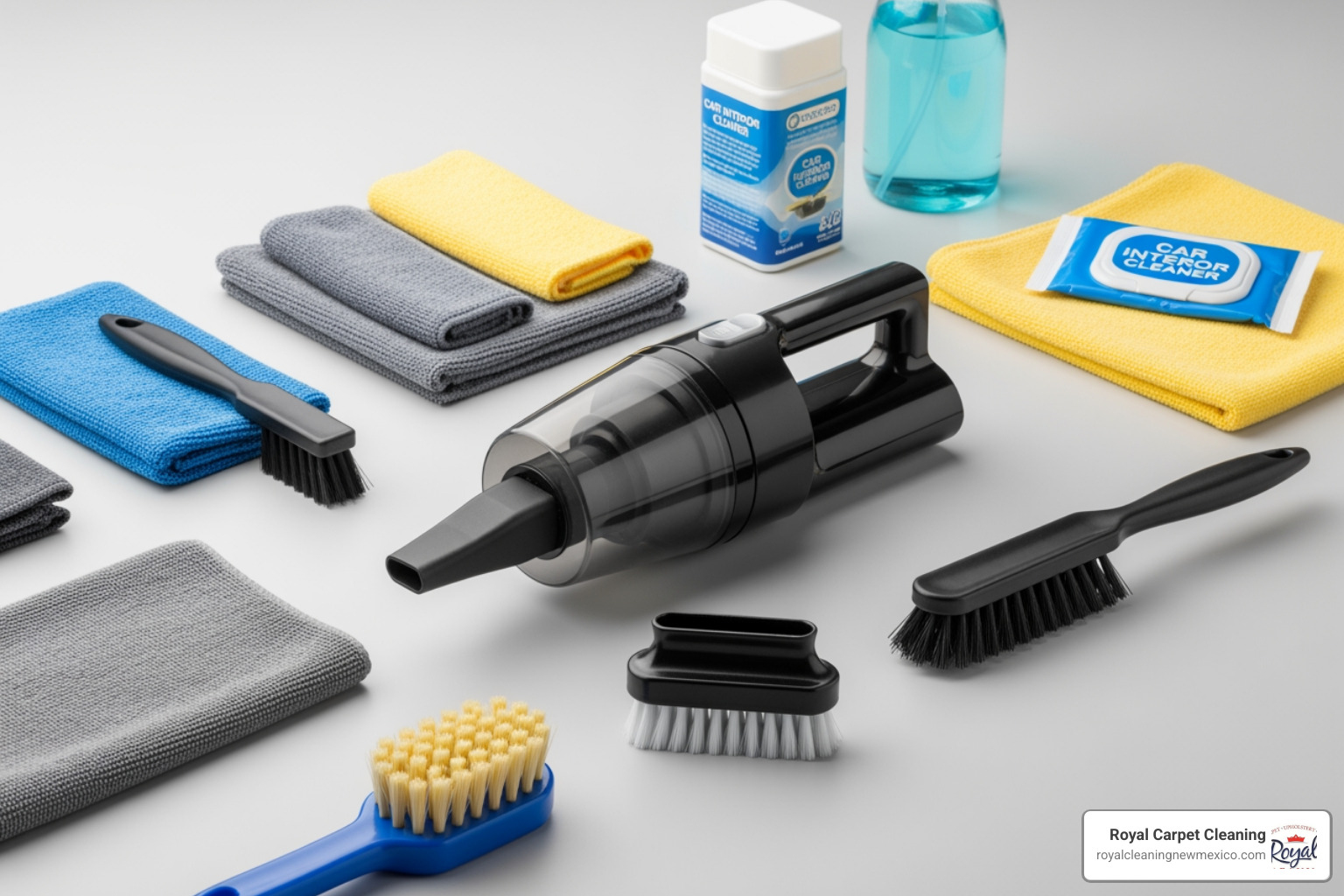 essential cleaning tools like a vacuum, brushes, and microfiber cloths laid out - auto upholstery cleaning
