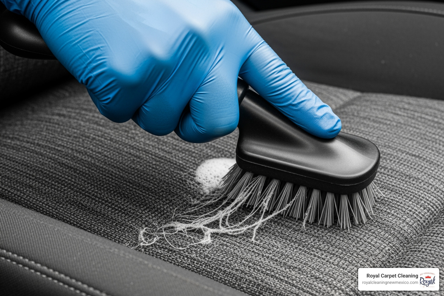 a person using a brush on a fabric car seat - auto upholstery cleaning