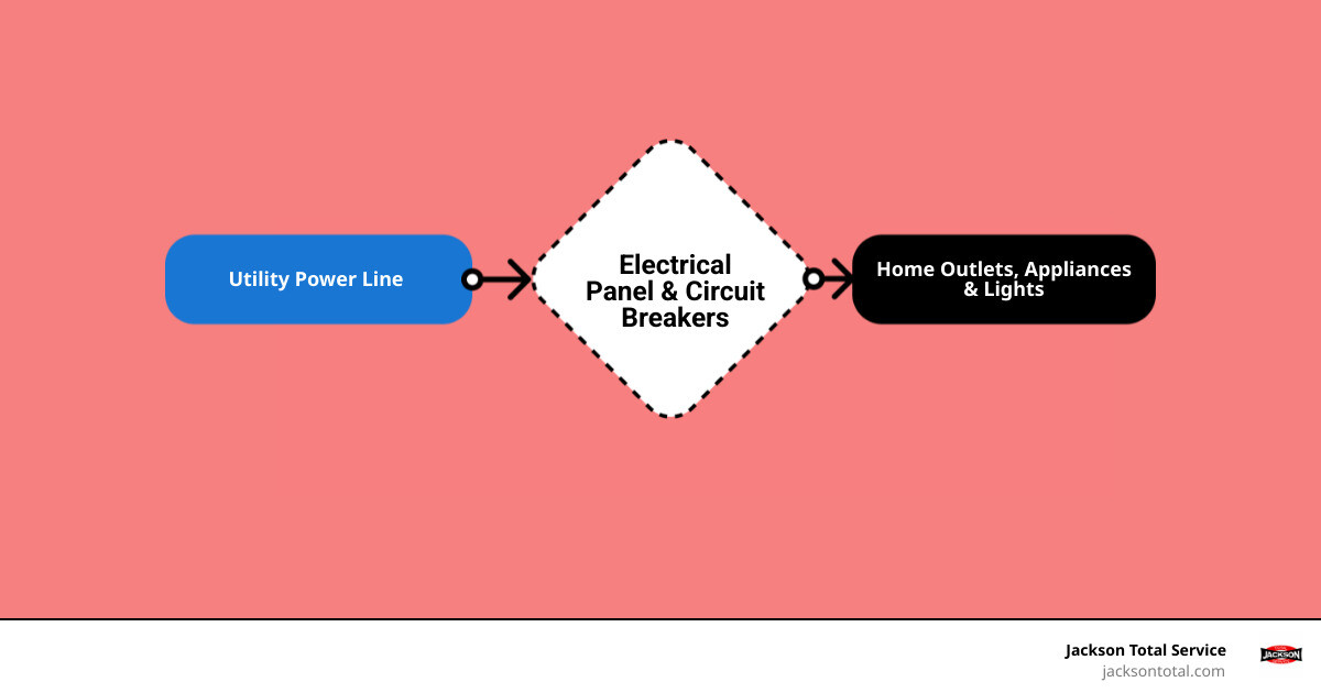 infographic showing how an electrical panel distributes power from the utility line through circuit breakers to outlets, appliances, and fixtures throughout a home, with callouts highlighting safety features like circuit breakers that prevent overloads - best panel upgrade estero fl infographic flowmap_simple