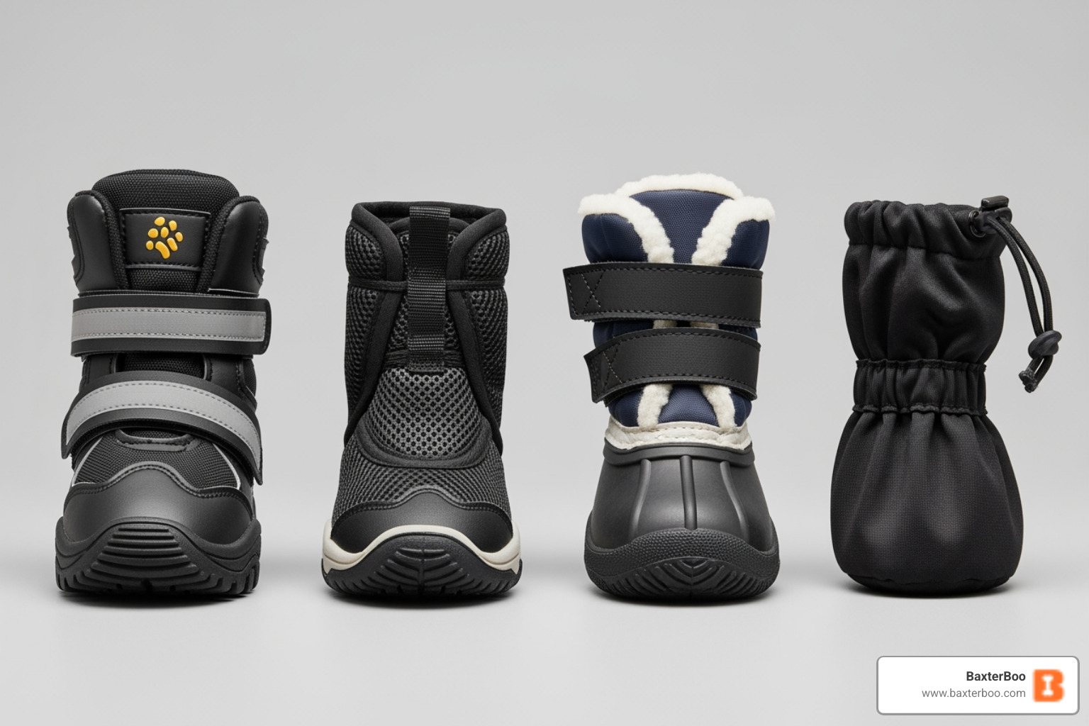 four different styles of dog boots lined up - dog boots