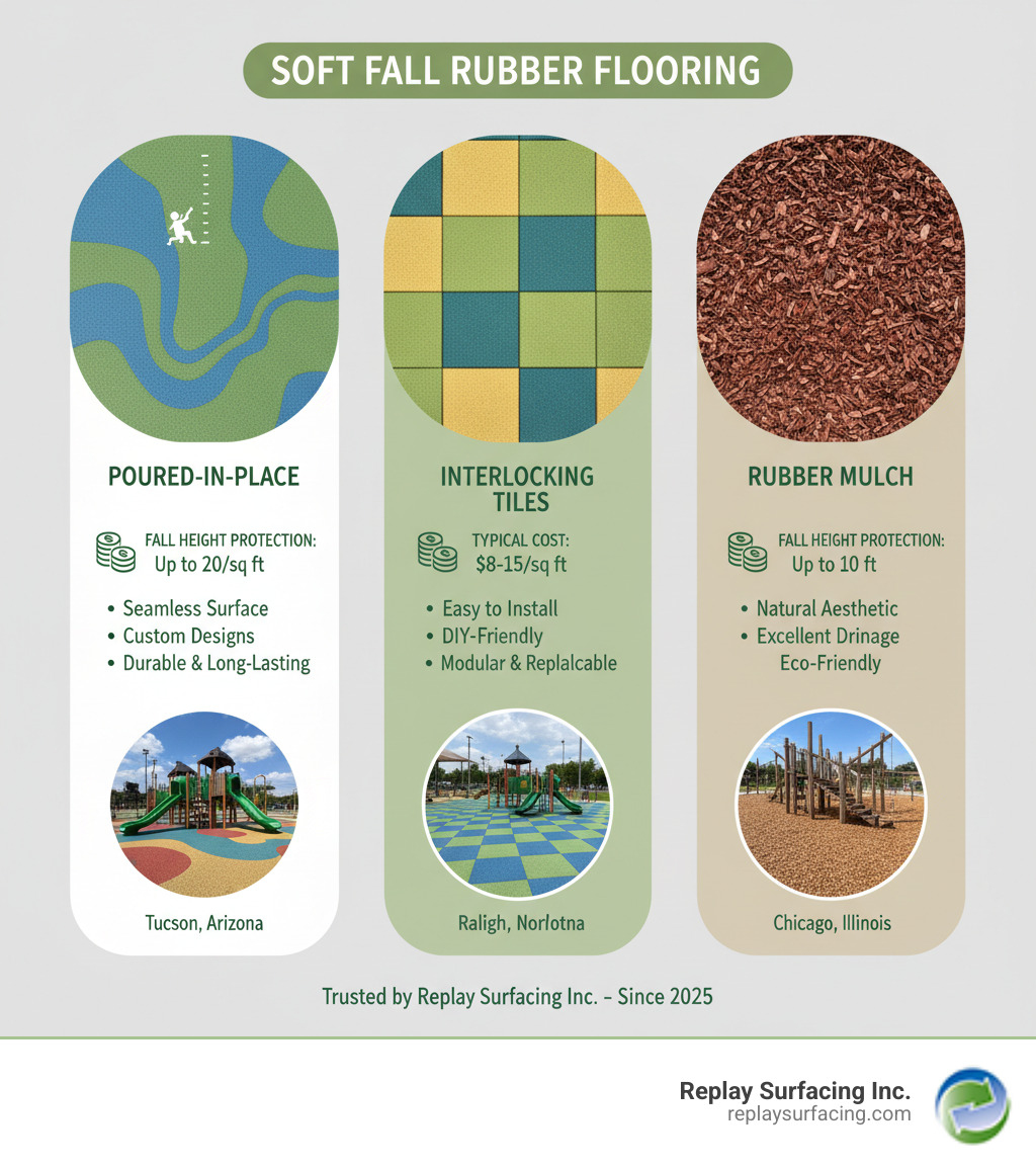 Infographic showing the three main types of soft fall rubber flooring (poured-in-place, interlocking tiles, and rubber mulch) with their fall height protection ratings, typical costs per square foot, and primary benefits, featuring example installations from Replay Surfacing Inc. projects in Tucson, Arizona, Raleigh, North Carolina, and Sanford, North Carolina - soft fall rubber flooring infographic 