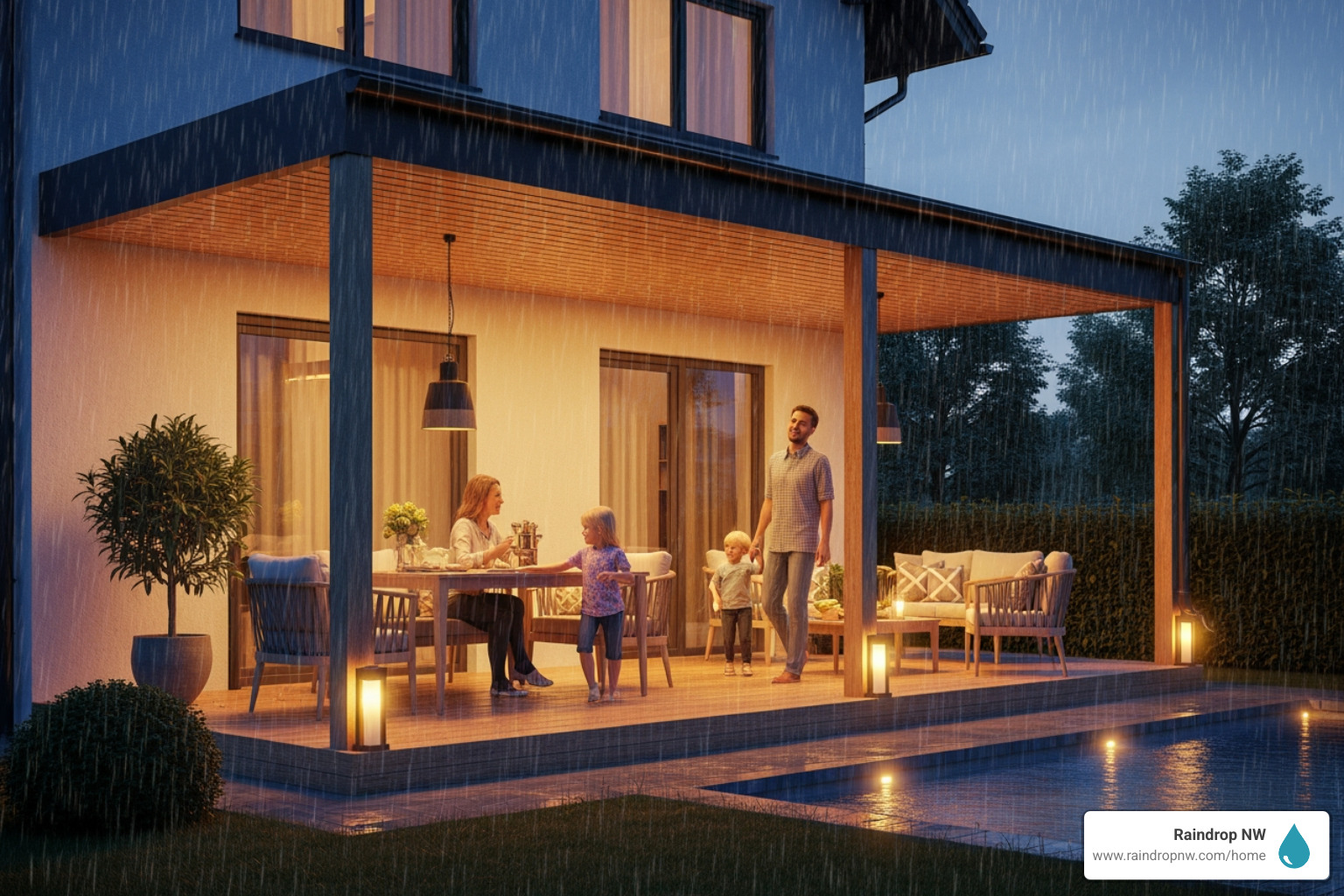 family enjoying covered patio during light rain - balconies, patios, and flat decks installation in salmon creek wa