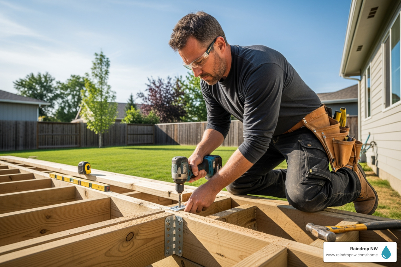 professional contractor installing deck framing - balconies, patios, and flat decks installation in salmon creek wa