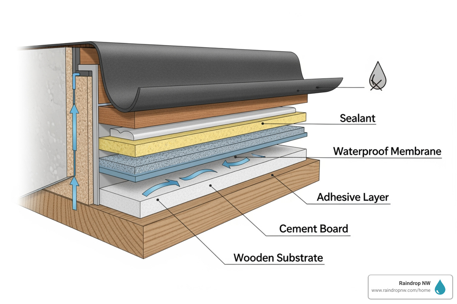 detailed cross-section of waterproofed deck membrane - balconies, patios, and flat decks installation in salmon creek wa