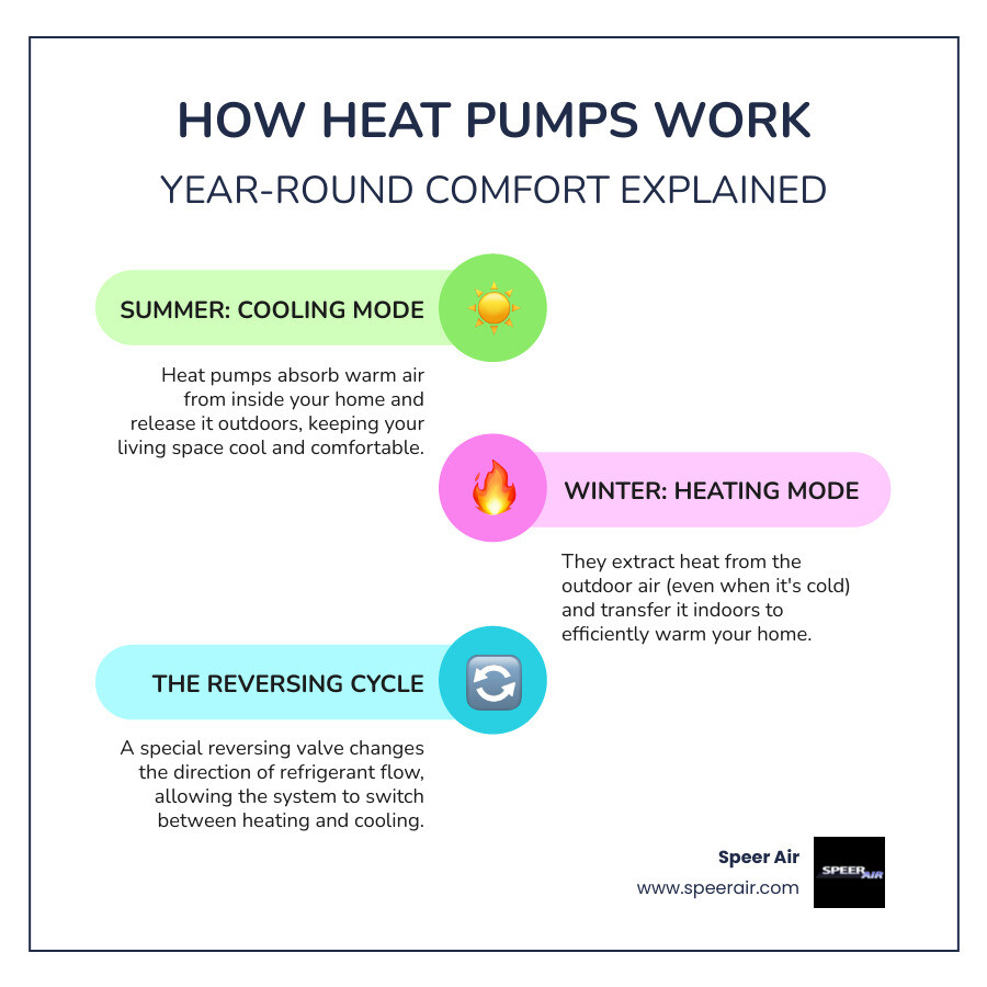 Infographic showing how a heat pump transfers heat between indoors and outdoors in both heating and cooling modes, with arrows indicating refrigerant flow direction and seasonal operation - heat pump installation rockaway infographic infographic-line-3-steps-colors Infographic showing how a heat pump transfers heat between indoors and outdoors in both heating and cooling modes, with arrows indicating refrigerant flow direction and seasonal operation - heat pump installation rockaway infographic infographic-line-3-steps-colors