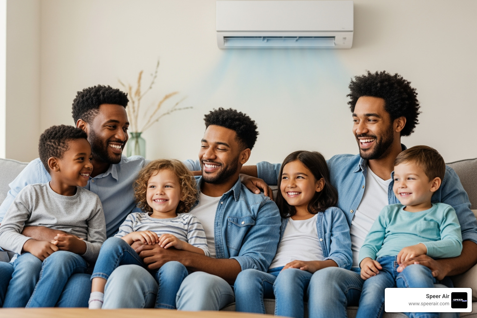 A diverse family enjoying comfortable temperatures in their living room, with a subtle heat pump indoor unit visible in the background - heat pump installation rockaway A diverse family enjoying comfortable temperatures in their living room, with a subtle heat pump indoor unit visible in the background - heat pump installation rockaway