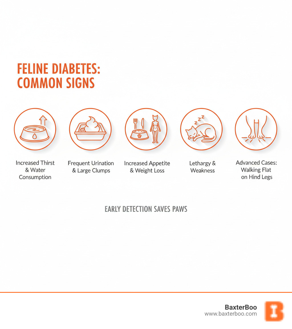 Infographic showing common signs of feline diabetes: increased thirst and water consumption, frequent urination and larger clumps in litter box, increased appetite but possible weight loss, lethargy and weakness, and in advanced cases walking flat on hind legs - diabetic cat food infographic 
