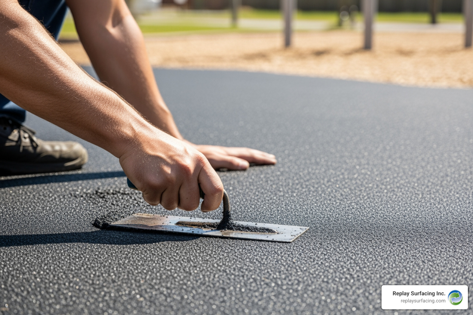 professional installer troweling a poured-in-place rubber surface - soft fall rubber flooring