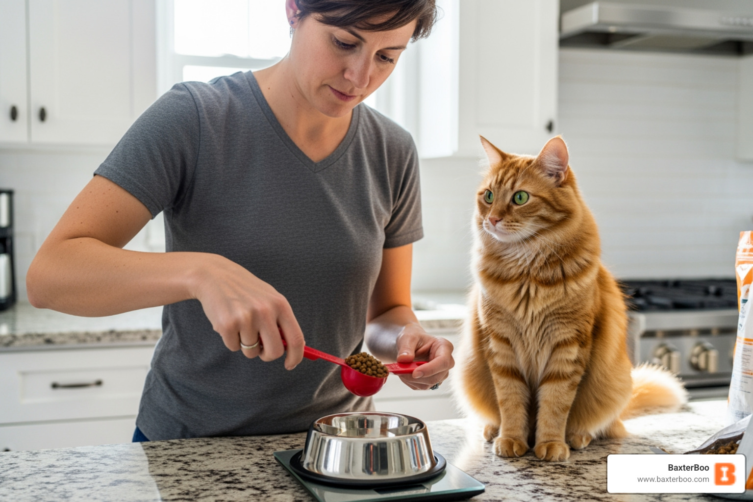 cat owner measuring cat food - diabetic cat food