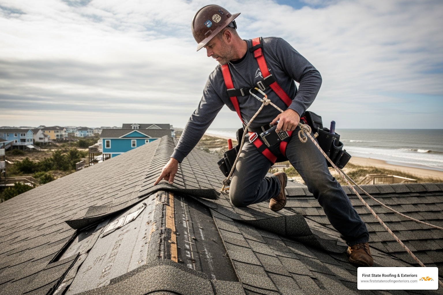 Roofer inspecting a wind-damaged roof in Rehoboth Beach, wearing a safety harness - roofing Rehoboth Beach