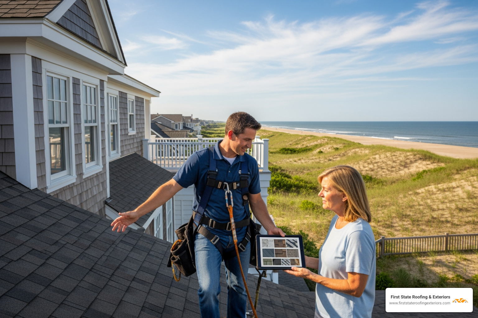 Professional roofer in a safety harness explaining roof repair options to a homeowner in Rehoboth Beach - roofing Rehoboth Beach