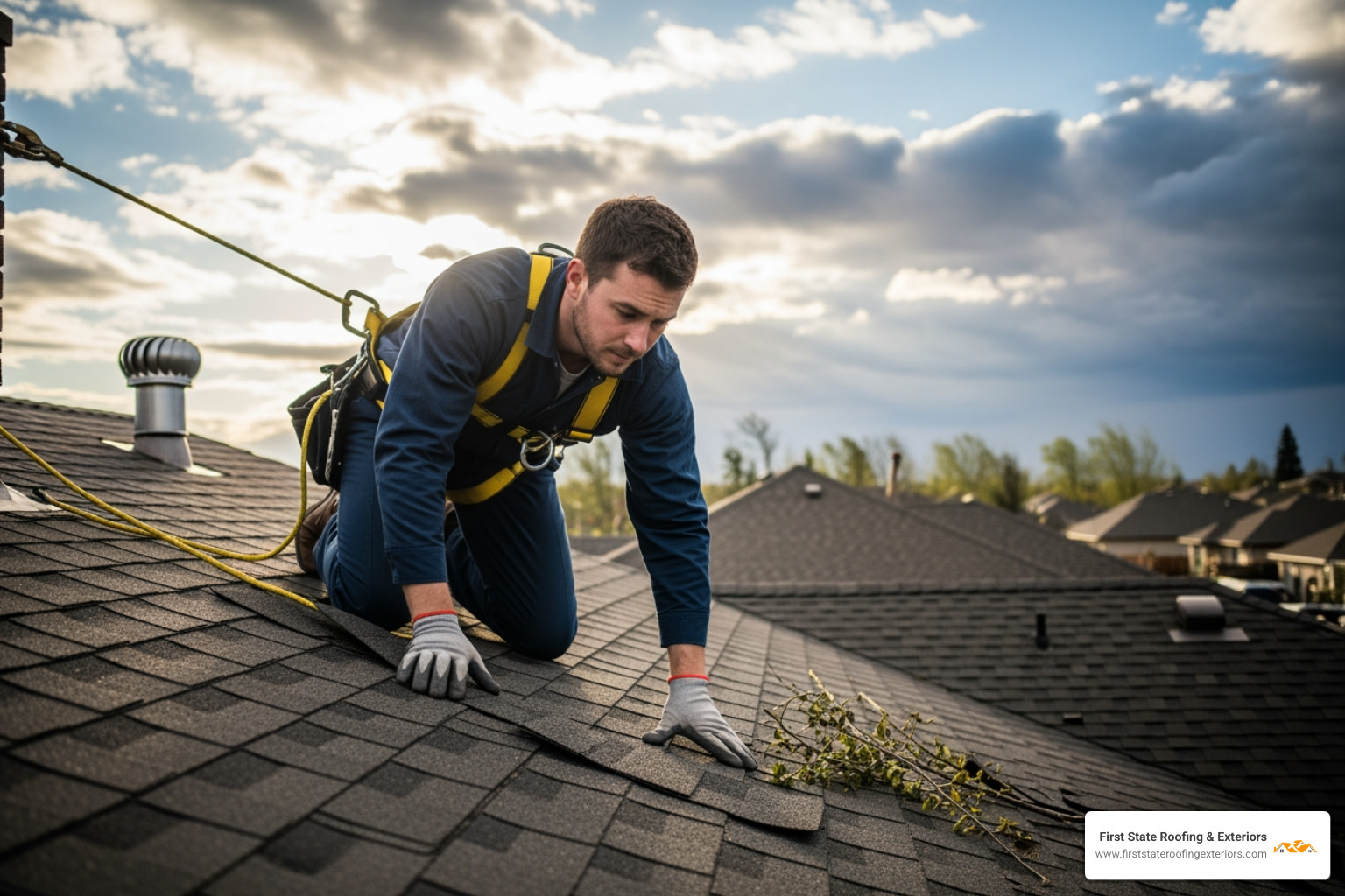 Professional roofer in a safety harness inspecting a residential roof after a storm - roofing Rehoboth Beach