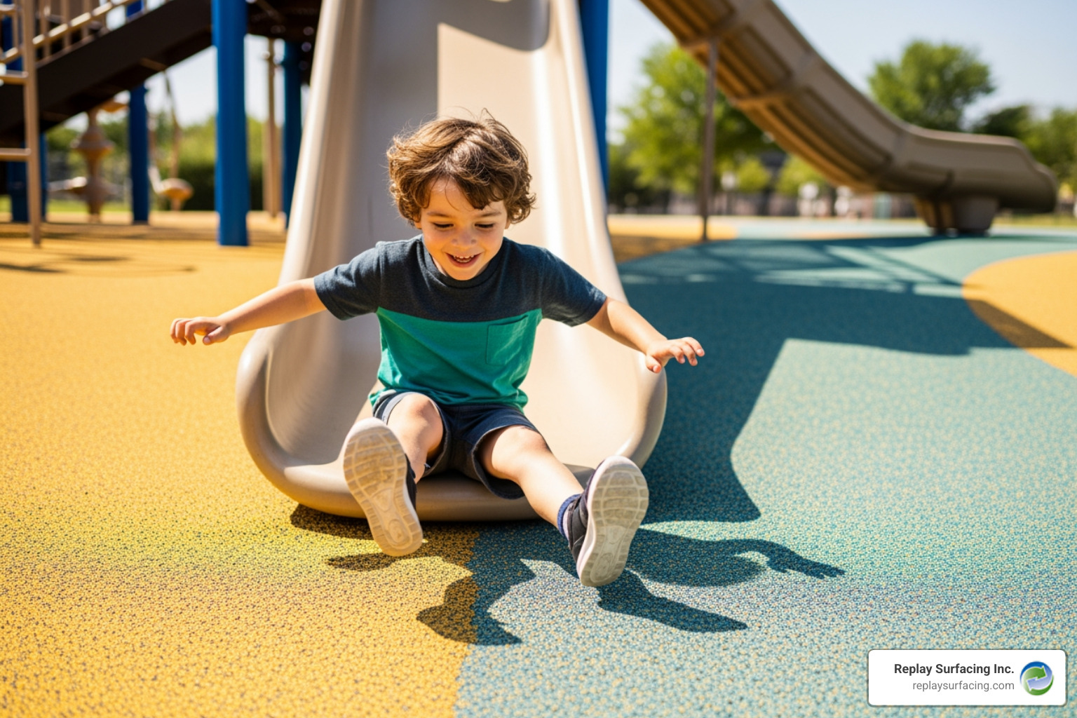 child safely landing on a rubber surface after coming down a slide - soft fall rubber flooring