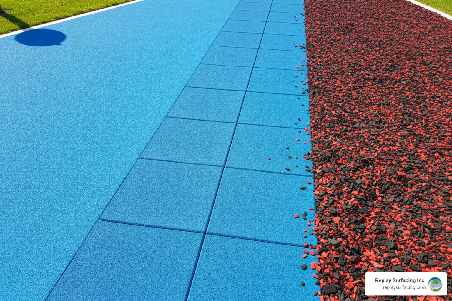 side-by-side comparison of poured rubber, rubber tiles, and rubber mulch - soft fall rubber flooring