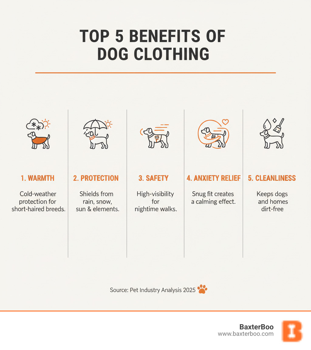Infographic showing the top 5 benefits of dog clothing: 1. Warmth for cold-weather protection, especially for short-haired breeds; 2. Protection from environmental elements like rain, snow, and sun; 3. Safety through high-visibility gear for nighttime walks; 4. Anxiety Relief through snug-fitting garments that create a calming effect; 5. Cleanliness by keeping dogs clean and protecting homes from dirt and allergens - dog clothes infographic Infographic showing the top 5 benefits of dog clothing: 1. Warmth for cold-weather protection, especially for short-haired breeds; 2. Protection from environmental elements like rain, snow, and sun; 3. Safety through high-visibility gear for nighttime walks; 4. Anxiety Relief through snug-fitting garments that create a calming effect; 5. Cleanliness by keeping dogs clean and protecting homes from dirt and allergens - dog clothes infographic