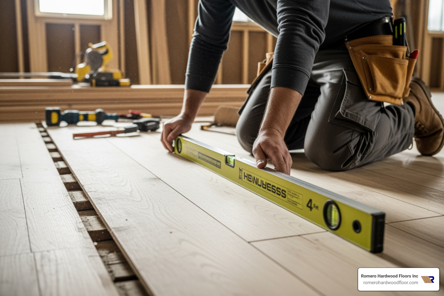 professional installer using a long level to check for subfloor flatness - underlayment for floating floors