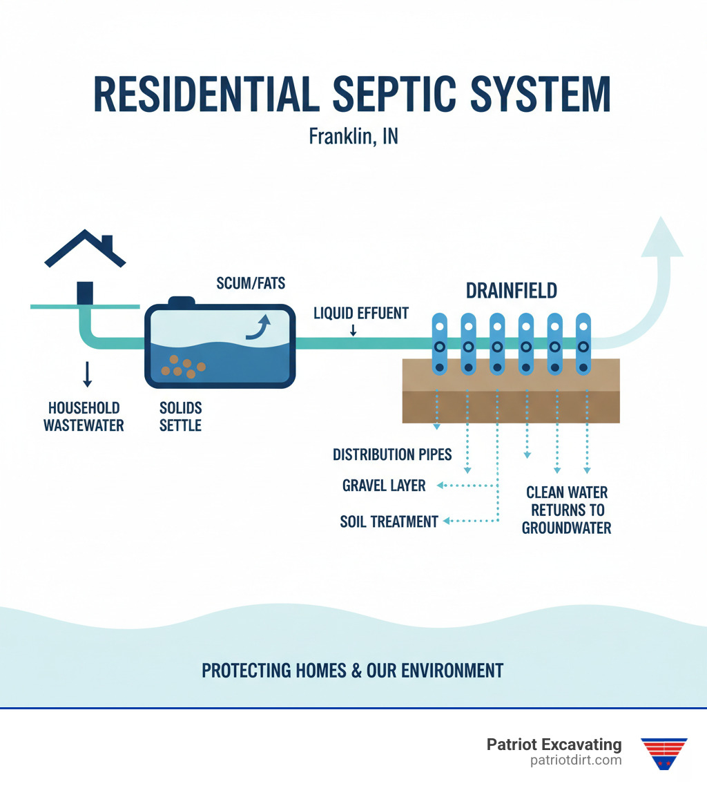 Infographic showing the basic components of a residential septic system: septic tank receiving wastewater from the home, solids settling in the tank, liquid effluent flowing to the drainfield through distribution pipes, and treated water percolating through soil layers back into groundwater - Franklin IN septic installation infographic 