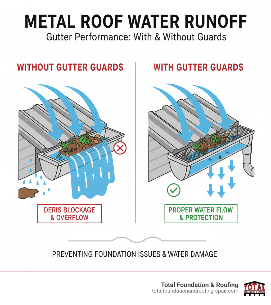infographic showing how metal roof water runoff flows into gutters with and without gutter guards, illustrating debris blockage prevention and proper water flow management - installing gutter guards on metal roof infographic 