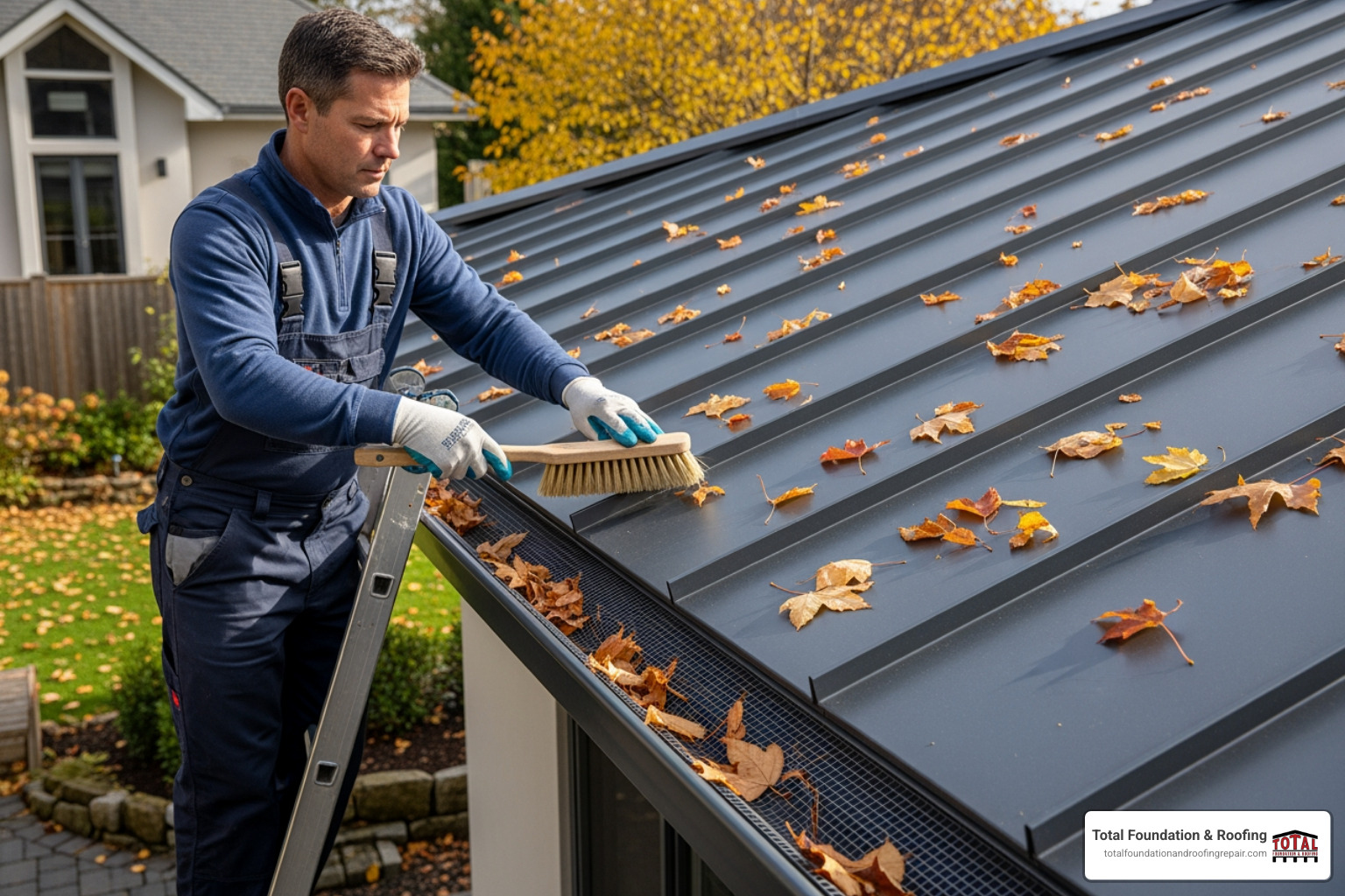 homeowner using a soft brush to clean debris from a gutter guard - installing gutter guards on metal roof