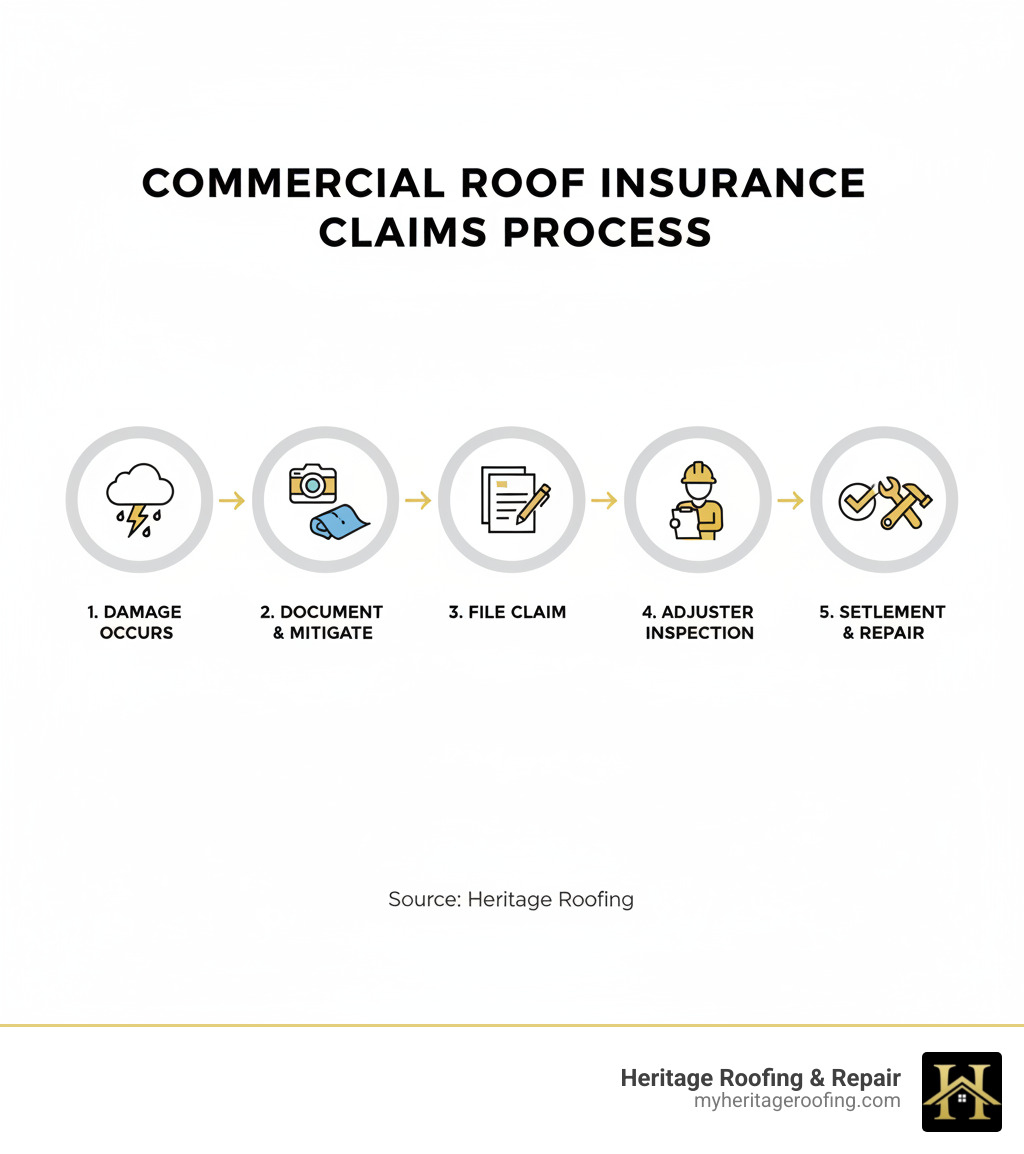 infographic showing 5 key stages of commercial roof insurance claims process: 1. Damage Occurs (storm icon), 2. Document and Mitigate (camera and tarp icons), 3. File Claim (paperwork icon), 4. Adjuster Inspection (inspector with clipboard), 5. Settlement and Repair (checkmark and tools) - commercial roof insurance claims infographic infographic showing 5 key stages of commercial roof insurance claims process: 1. Damage Occurs (storm icon), 2. Document and Mitigate (camera and tarp icons), 3. File Claim (paperwork icon), 4. Adjuster Inspection (inspector with clipboard), 5. Settlement and Repair (checkmark and tools) - commercial roof insurance claims infographic