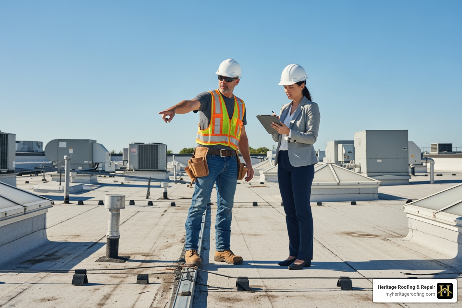 roofing contractor meeting with an insurance adjuster on a commercial roof - commercial roof insurance claims roofing contractor meeting with an insurance adjuster on a commercial roof - commercial roof insurance claims