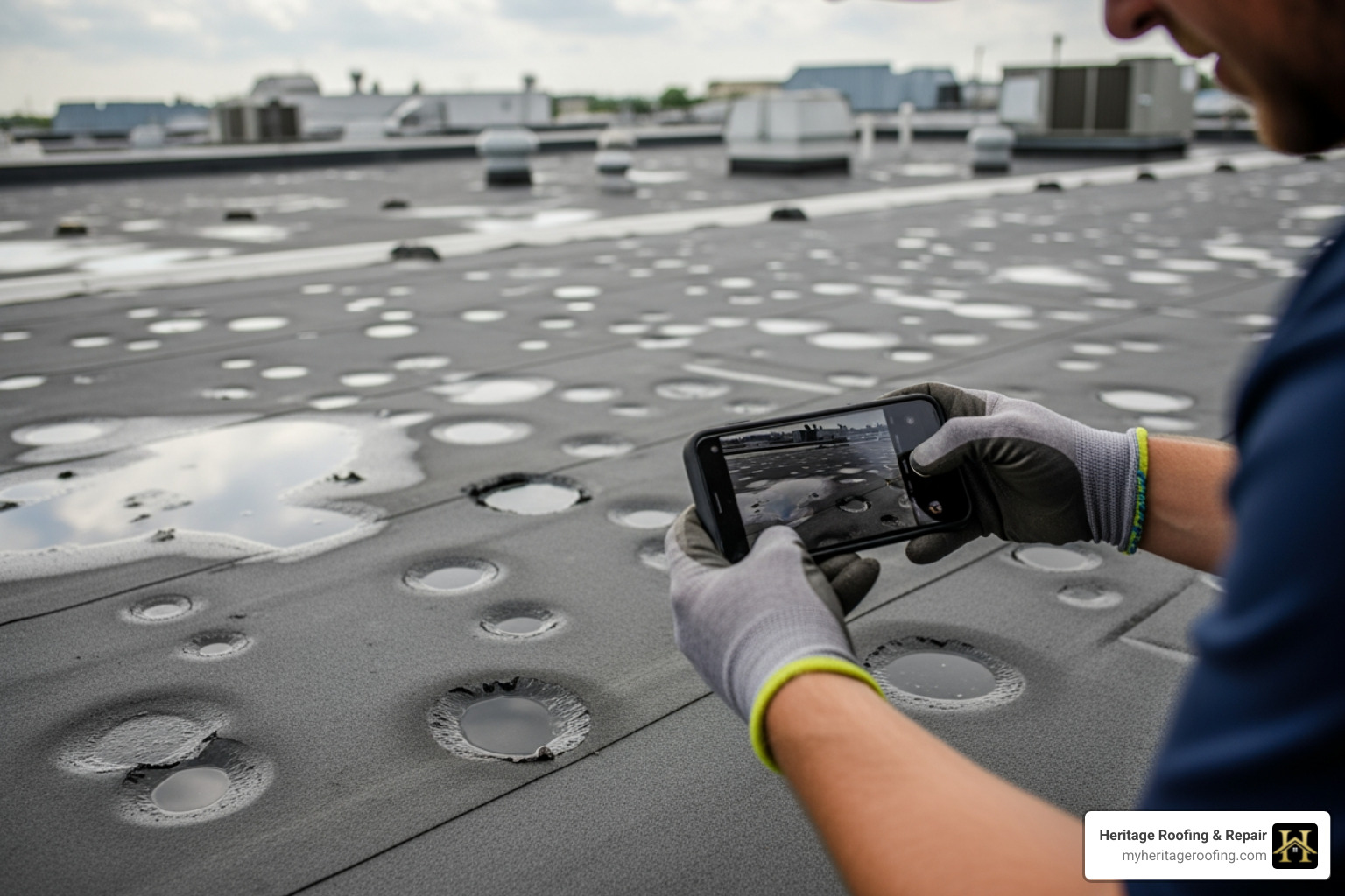person taking photo of roof hail damage with smartphone - commercial roof insurance claims person taking photo of roof hail damage with smartphone - commercial roof insurance claims